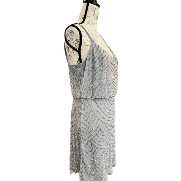 ADRIANNA PAPELL Womens Size 8 Blouson Cocktail Dress BEADED Grey Short PARTY - Picture 4 of 14